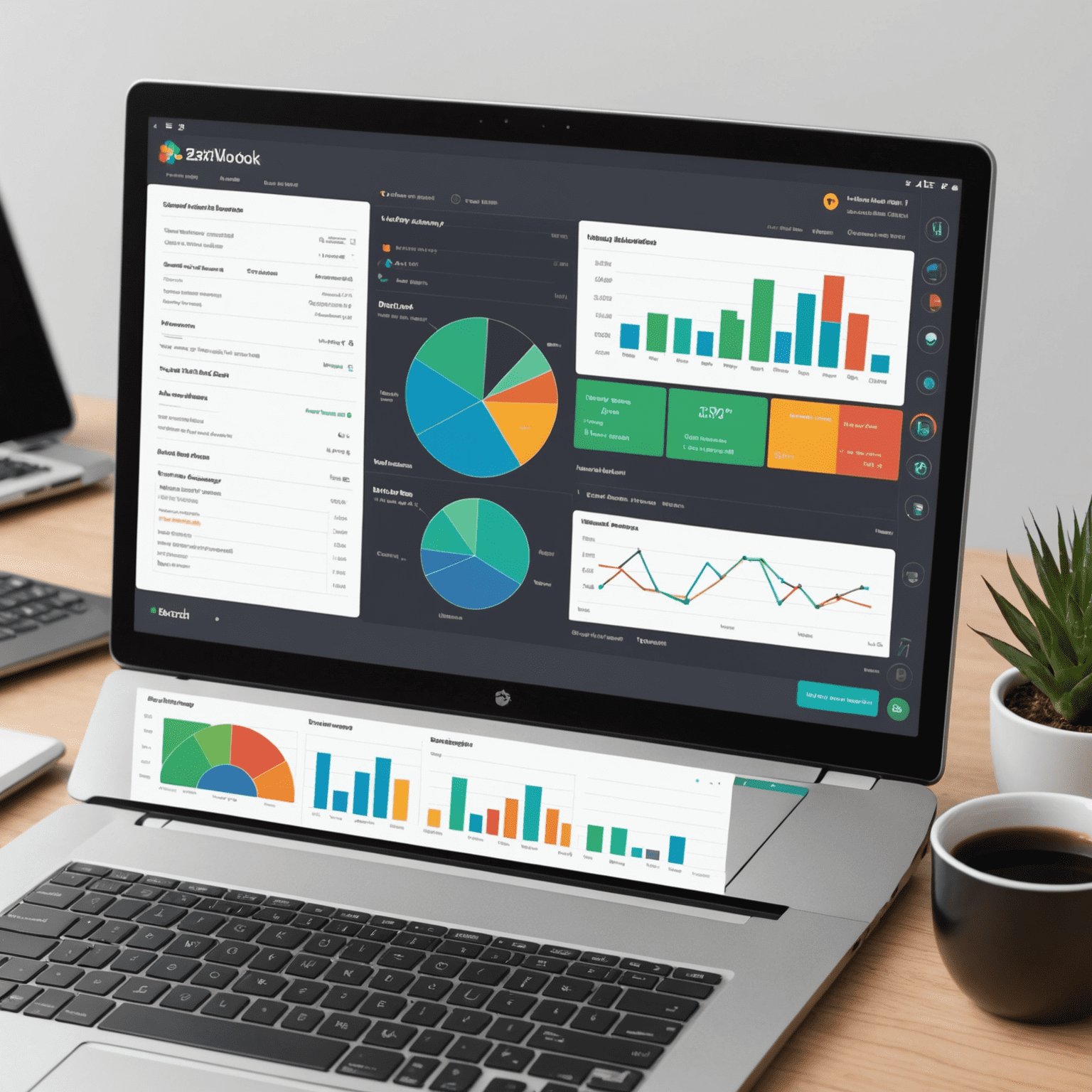 Interfaccia utente di Zak Wubook PMS che mostra le nuove funzionalità, con dashboard interattiva e grafici colorati