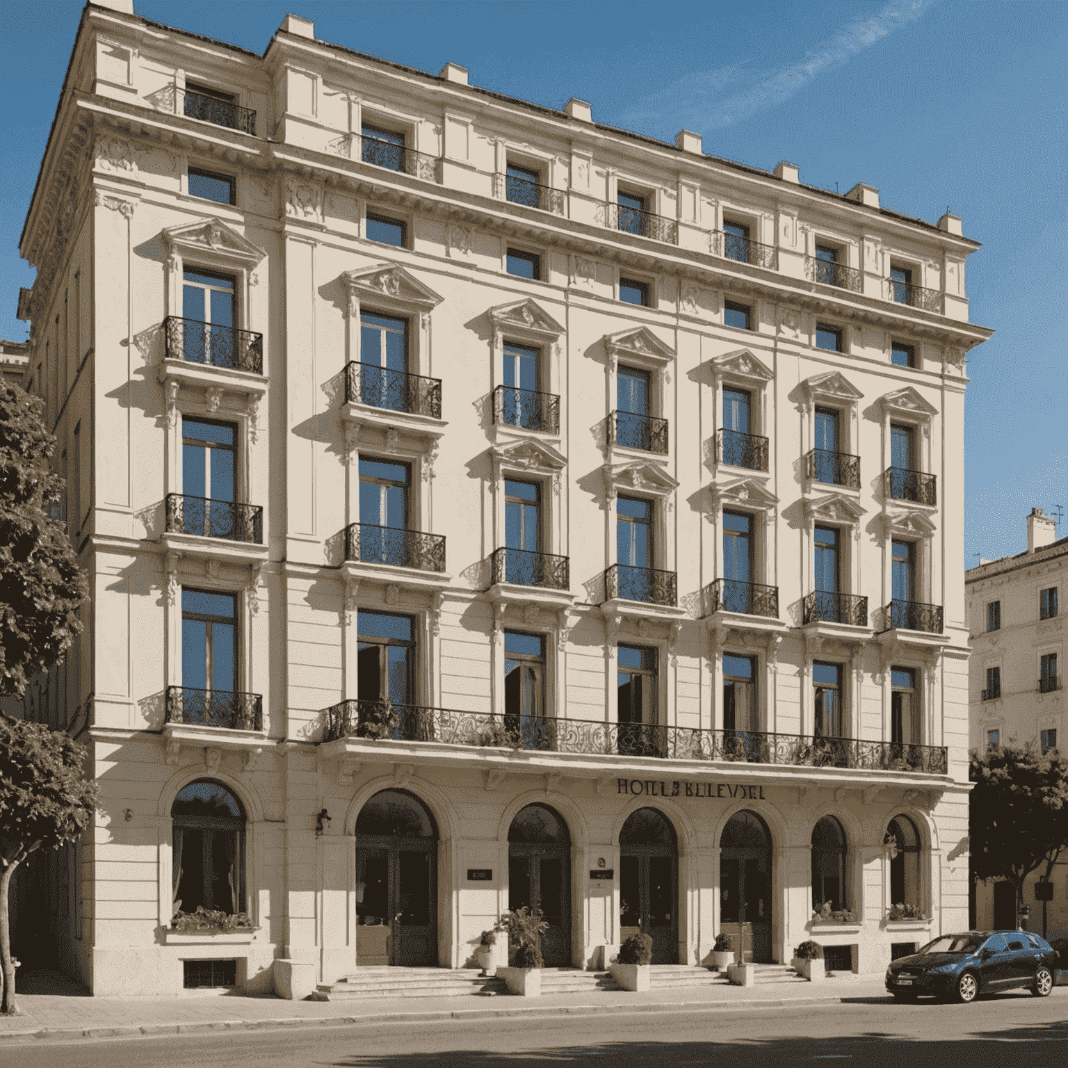 Facciata dell'Hotel Belvedere, un elegante edificio storico con una vista panoramica sul mare