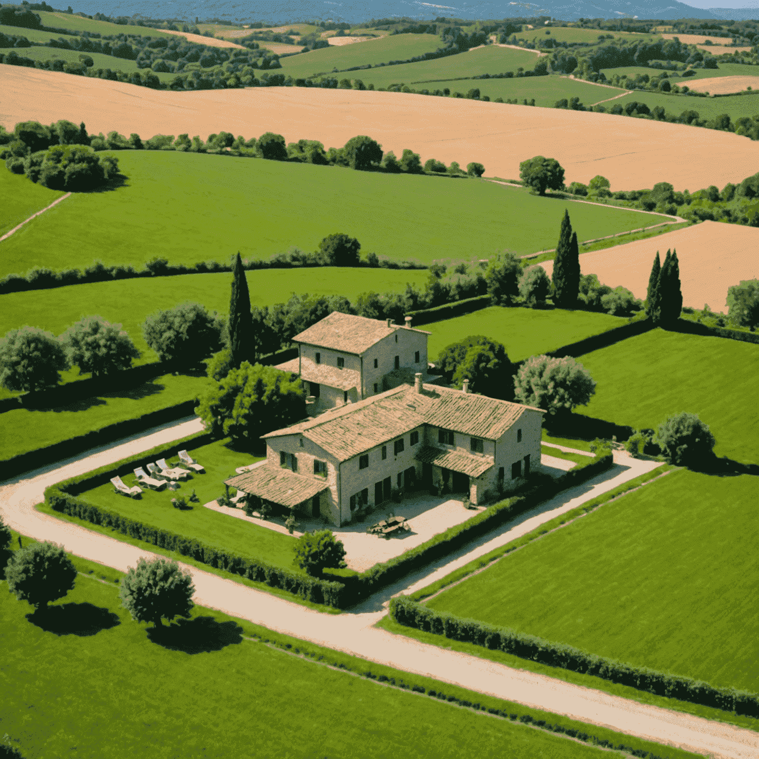 Panoramica dell'Agriturismo La Quercia, con campi verdi e un antico casale in pietra